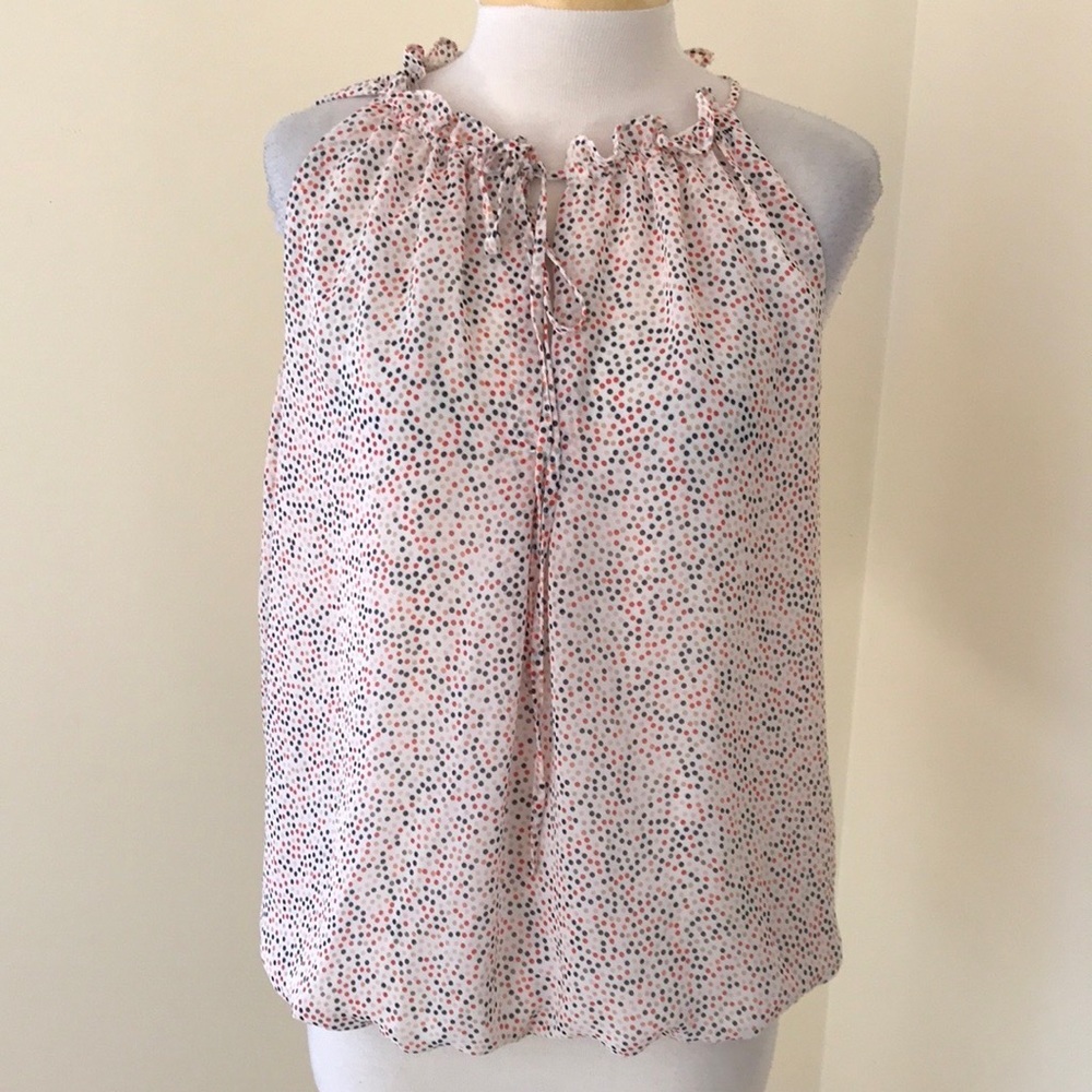 Max studio large polka dot sleeveless front keyhole tie blouse.